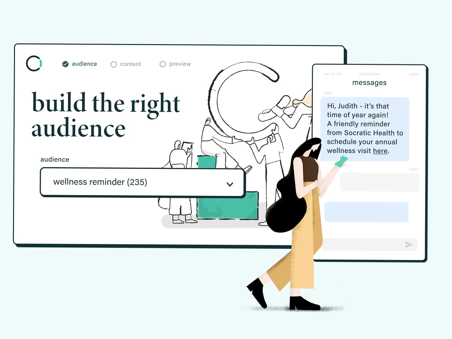 Cured audience-builder product screen next to a wellness reminder text message
